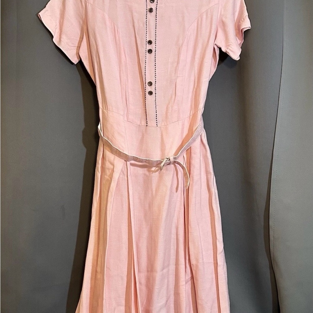 Vintage 1940s Pink Rayon Day Dress Belted Pleated Skirt Talon Zipper S